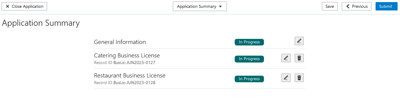 Application Summary page showing multiple license types in the In Progress status
