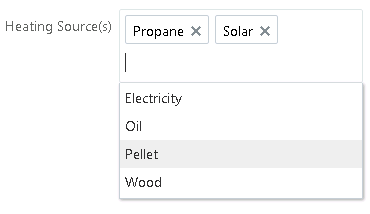 Sample list-of-value field: multi-select list, showing multiple heat sources that can be selected, such as oil, wood, solar, and so on.