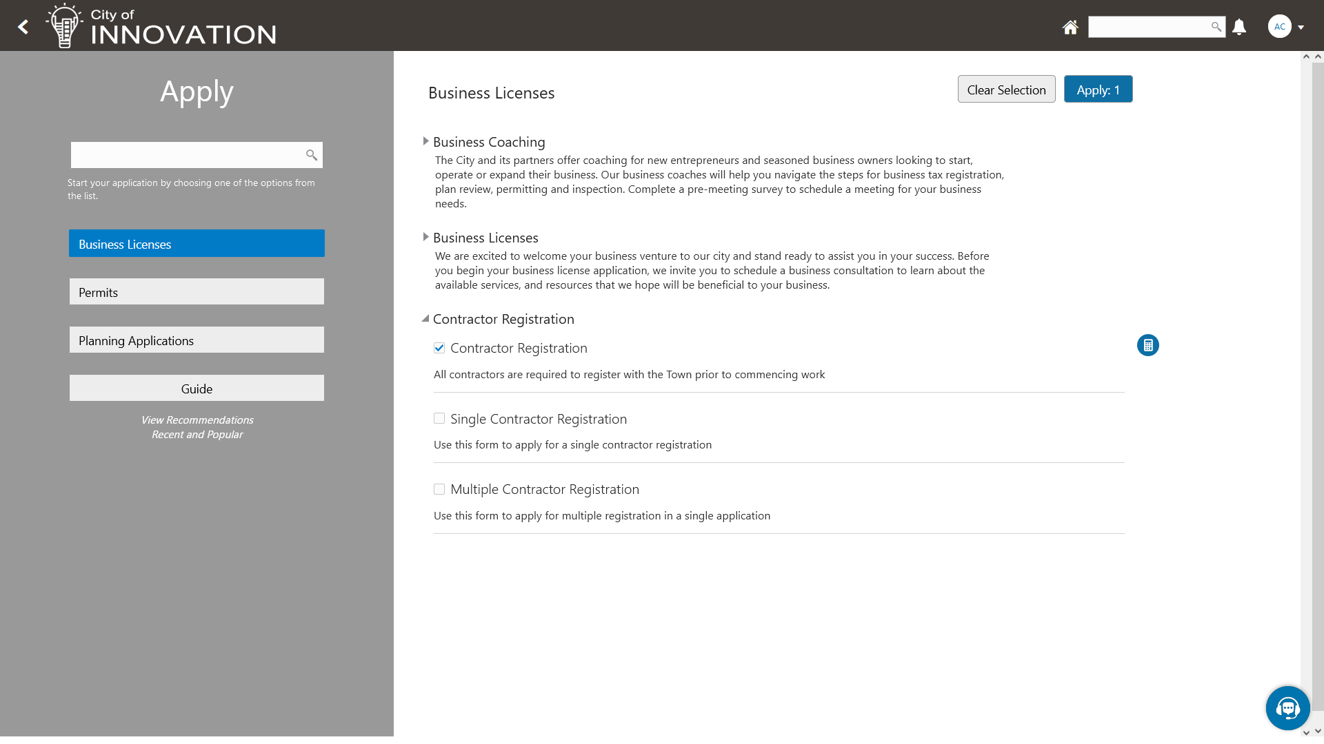 Apply page with business license application types shown in the right pane