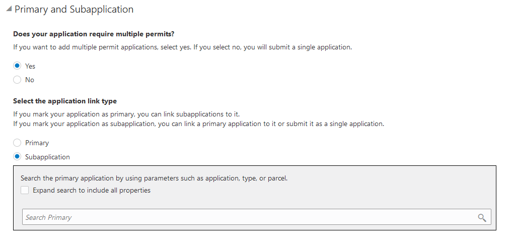 Primary and Subapplication section