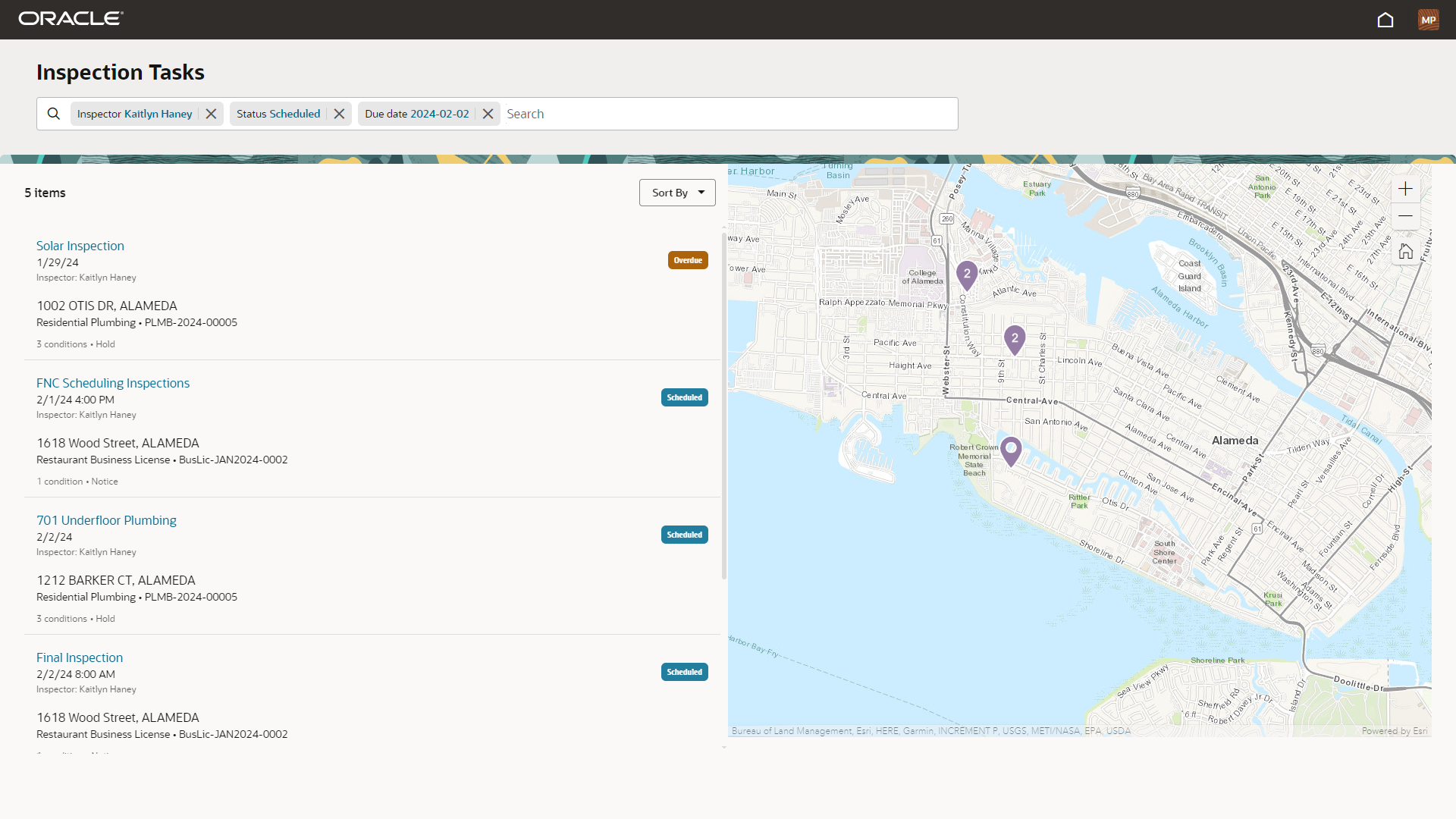 Inspection Tasks page with filters applied