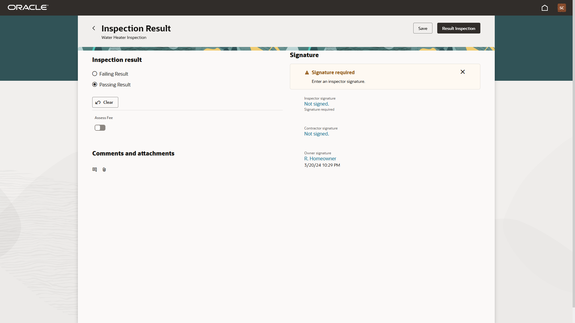 Inspection Result page in the Oracle Inspector web application