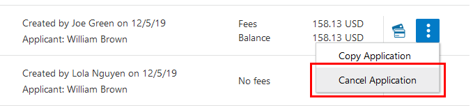 Example showing the Cancel Application action on the transactions list page