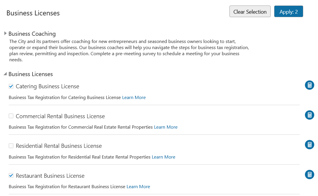 Selecting multiple business license types on the Apply page