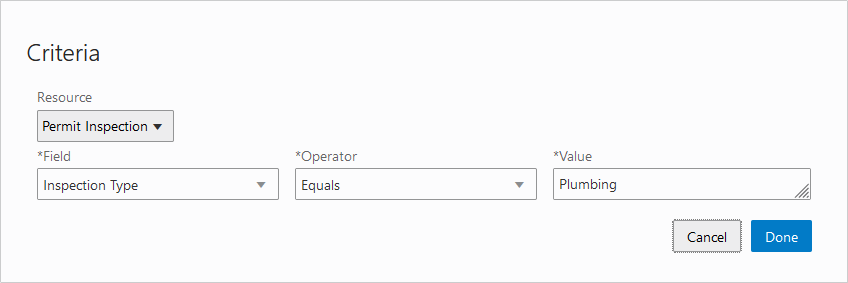 Selecting a field from the resource as criteria for a rule.