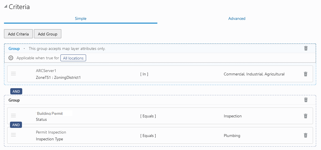 Simple criteria tab showing multiple criteria groups with one map layer criteria group.