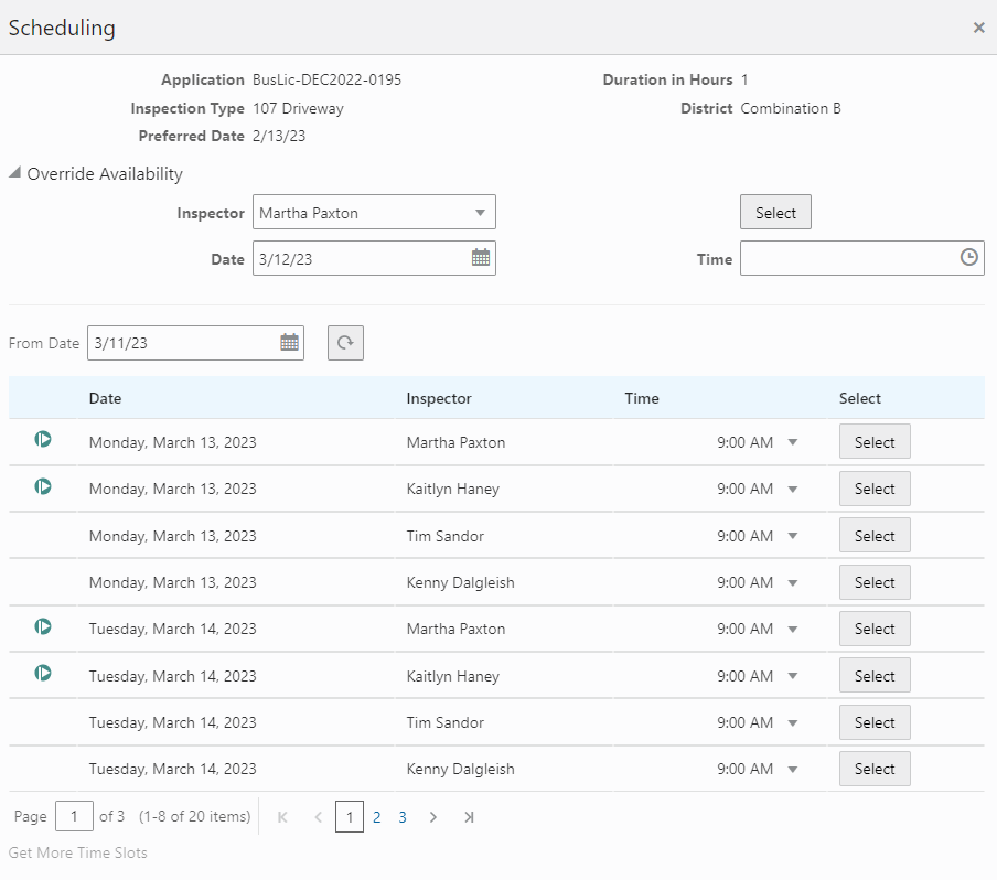 Scheduling modal page with date and time entry method