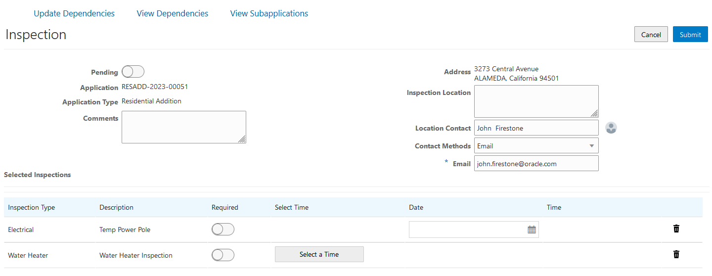 Inspection request page for multiple inspections