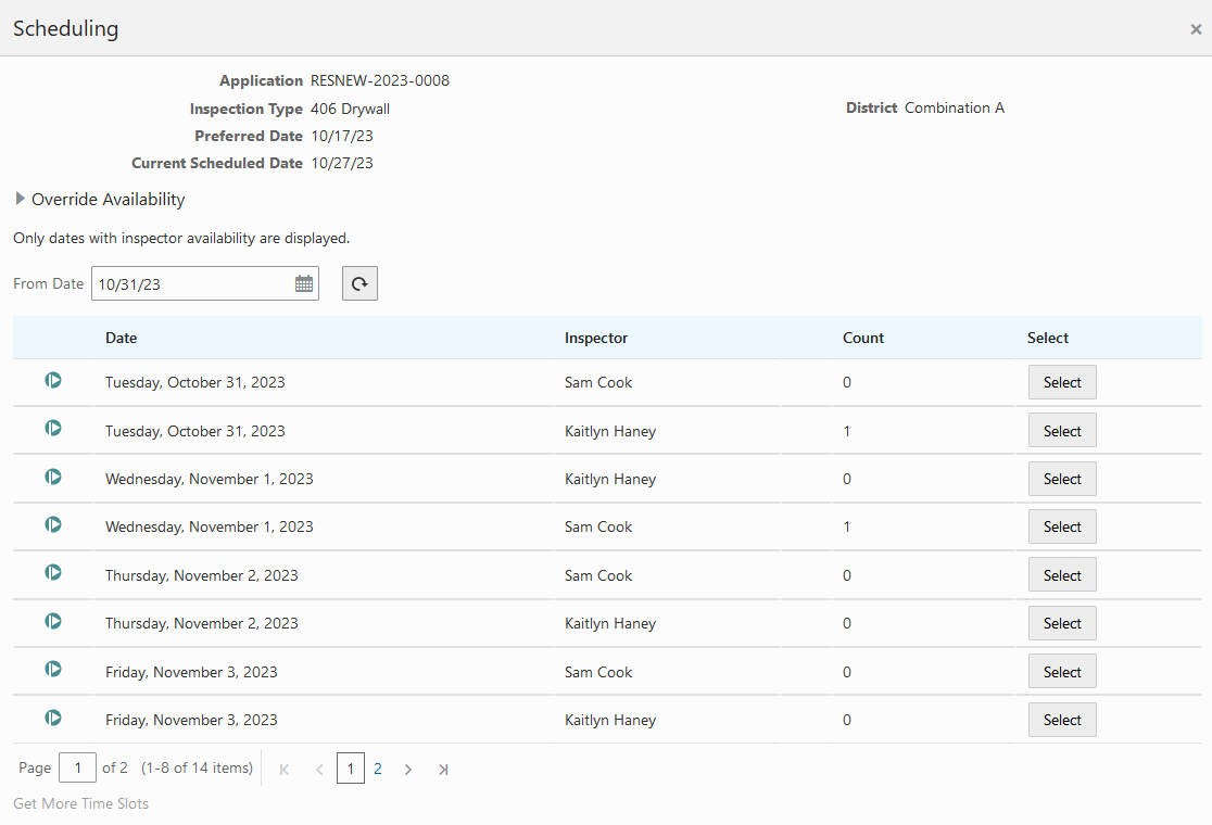 Scheduling modal page with date -only time entry method and inspector count