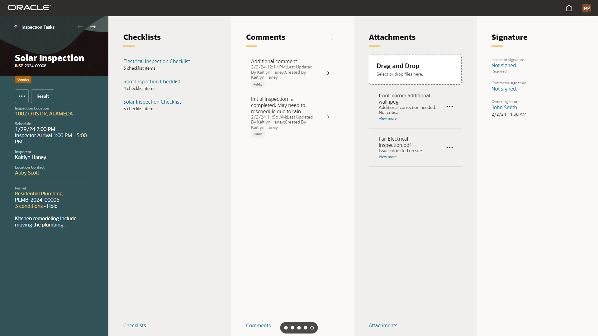 Inspection details panels in the Oracle Inspector web application