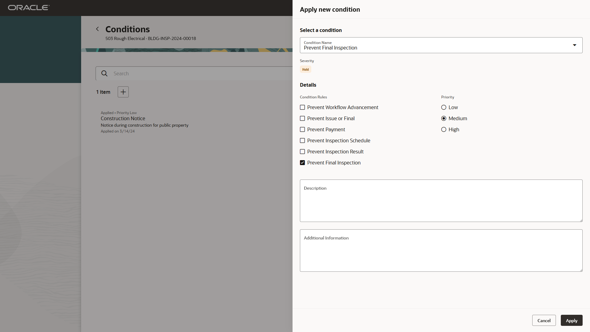 Oracle Inspector - Conditions page with the Apply new condition drawer open