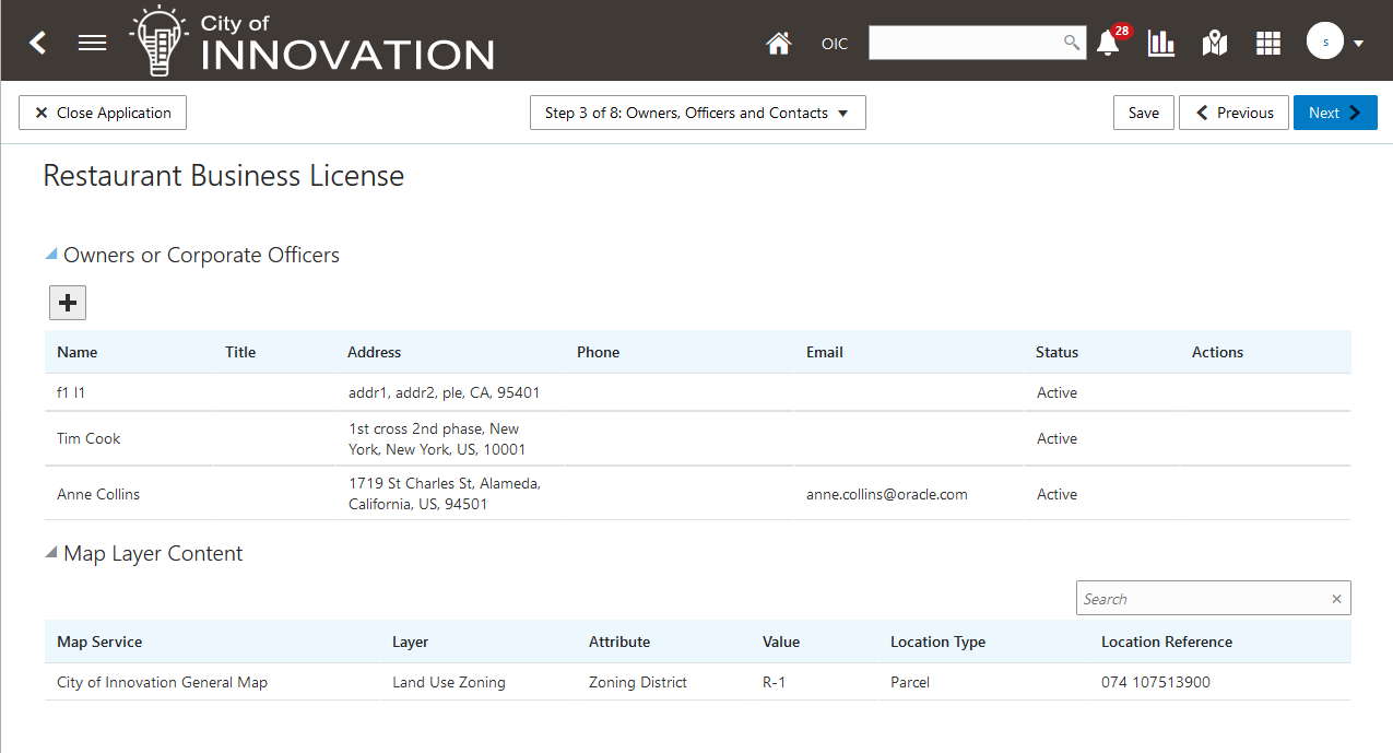 Example grid on a business license application intake form