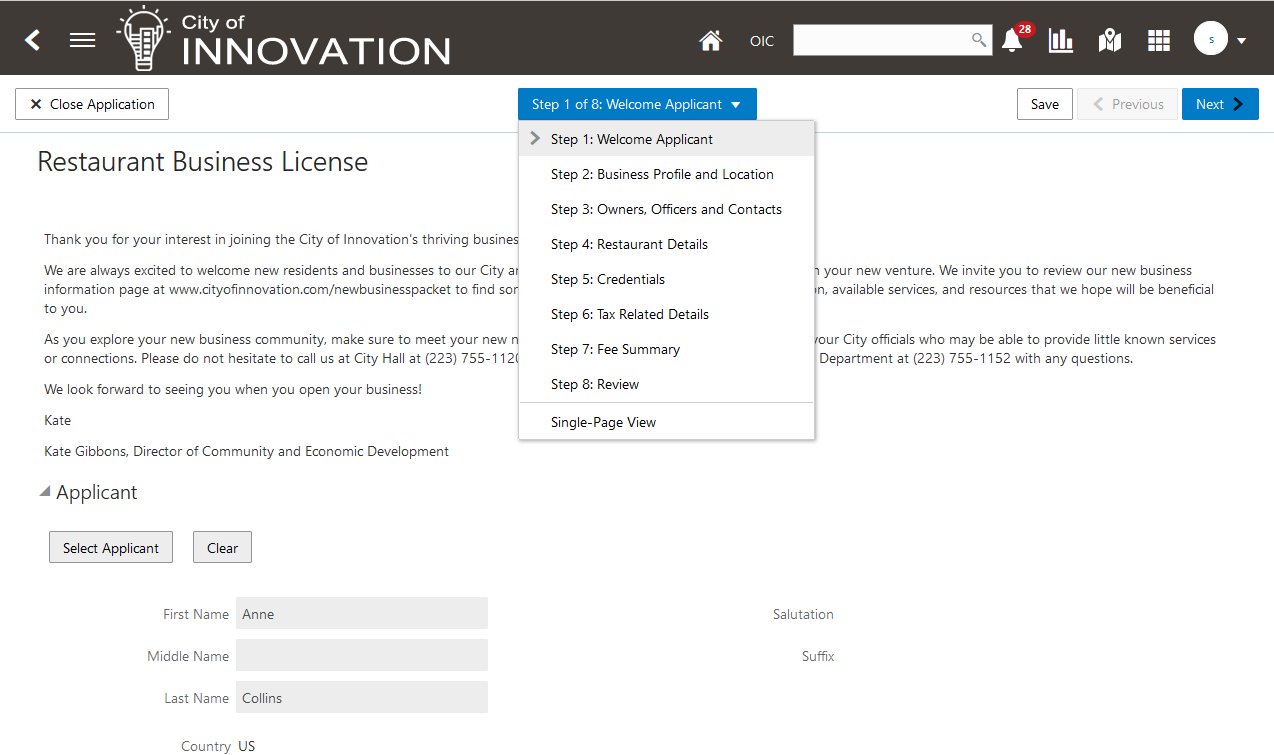 Example of a business license application intake form displayed in the multipage view