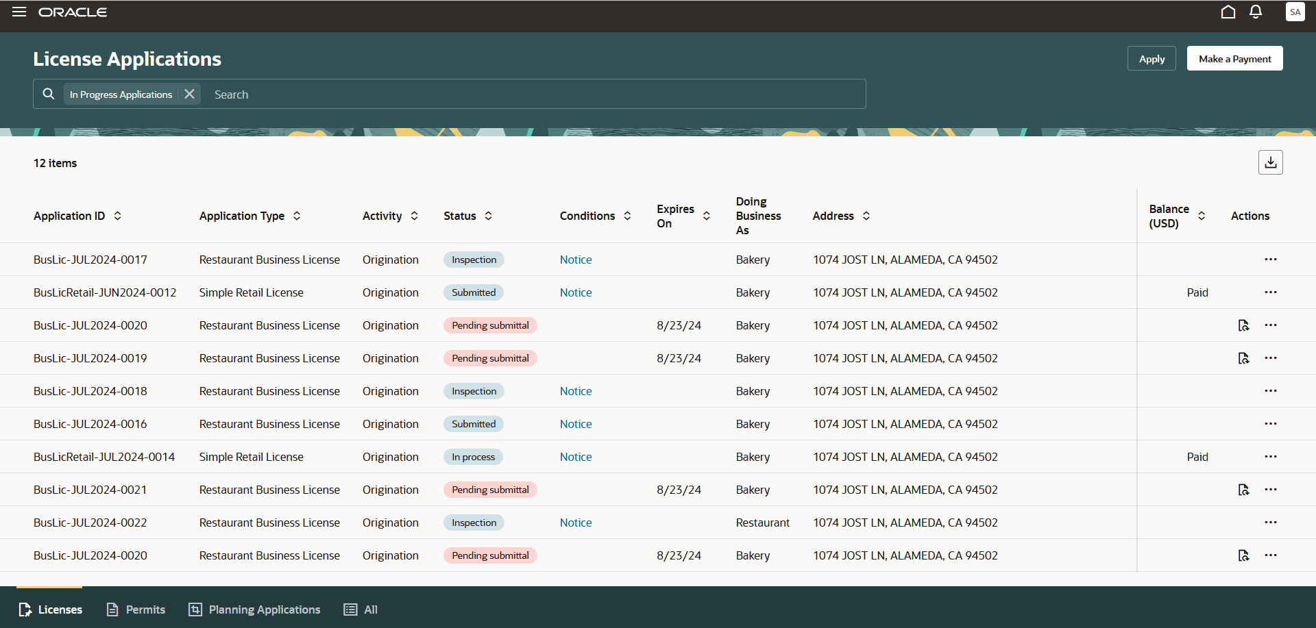 License Applications page for agency staff