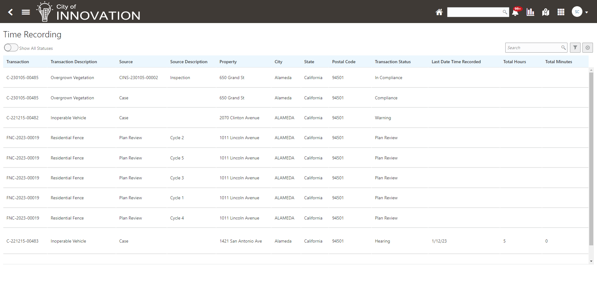 Example of a Time Recording page accessed from the Agency Springboard