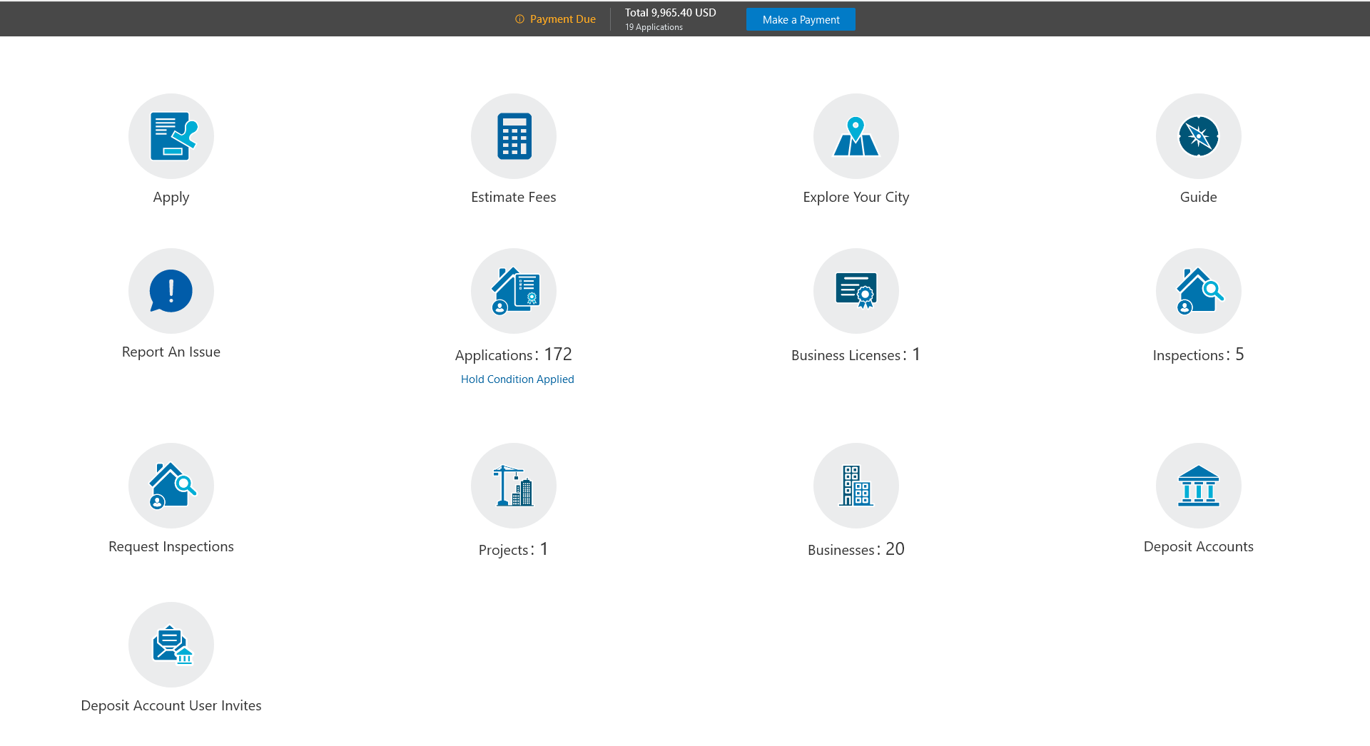 The registered user landing page (2 of 2) showing the payment banner and landing page tiles