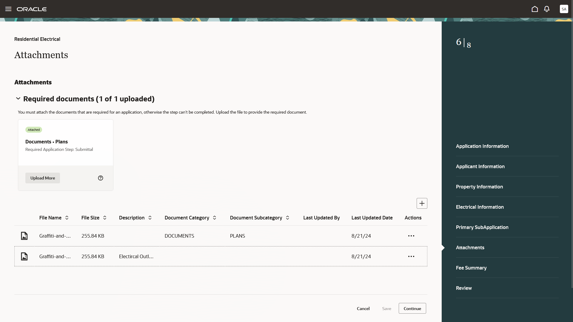 Attachments step with required documents section in an application intake form