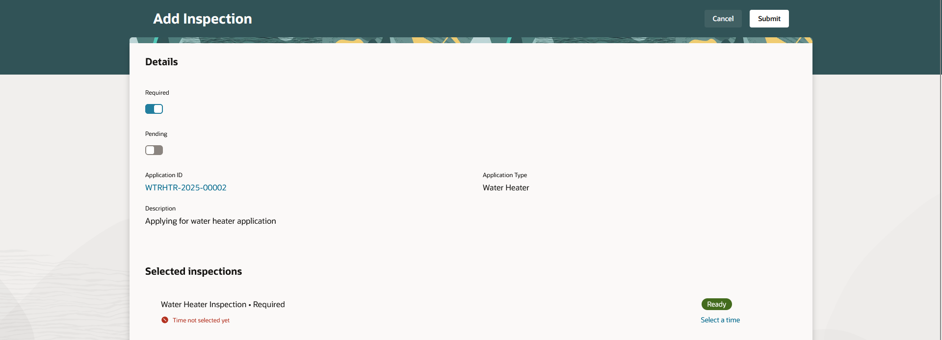Add Inspection page - partial page view showing Details and Selected inspections sections (1 of 2)