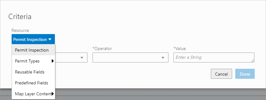 Selecting a criteria attribute source from the Resource drop-down list.