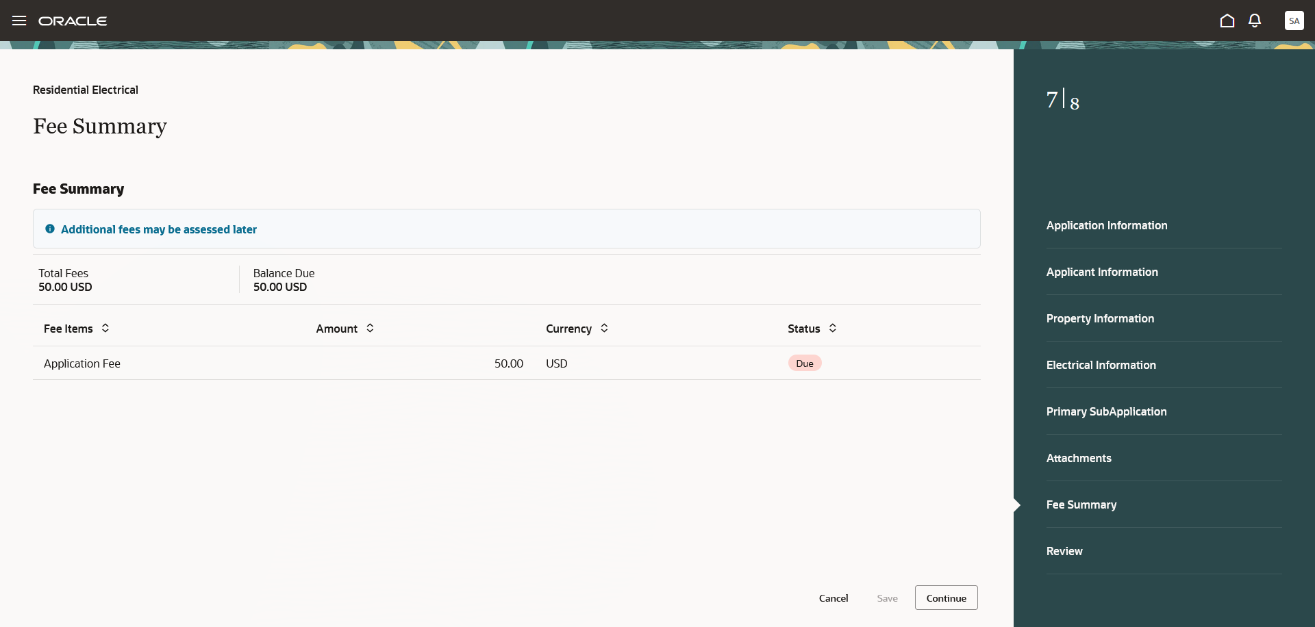 Fee Summary step on an application intake form