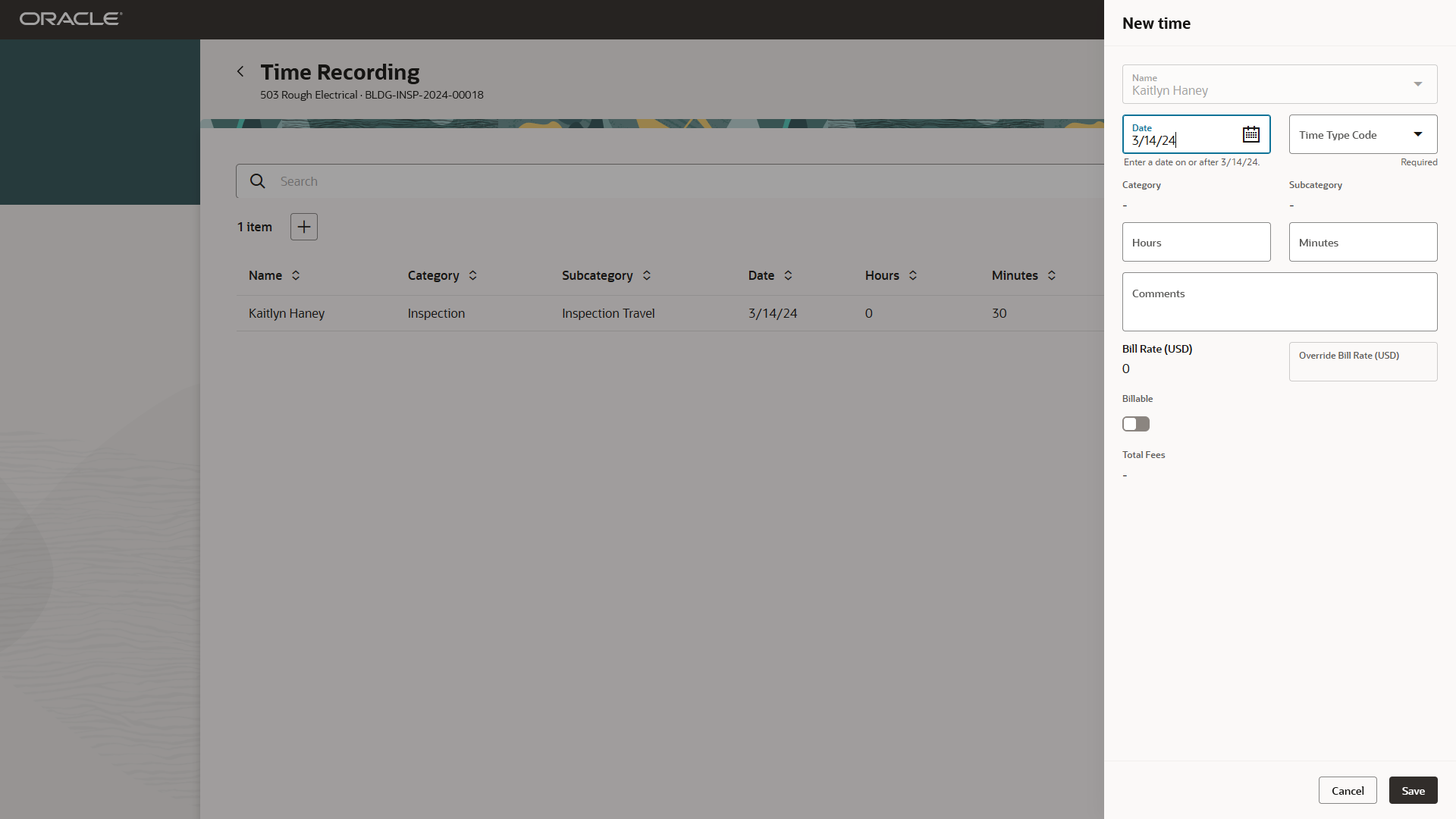 Inspector Application - Time Recording page with the New time drawer