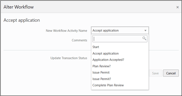 Alter Workflow dialog showing many options to select from the New Workflow Task drop-down list.