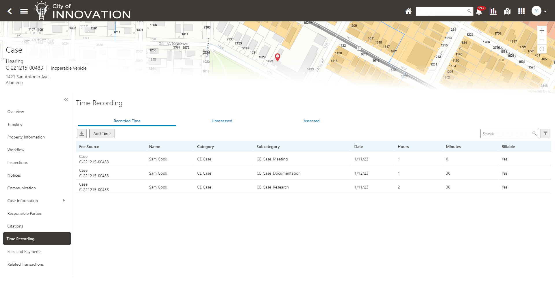 Example of a Time Recording page in the Code Enforcement offering