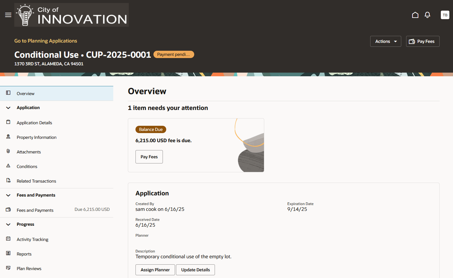 Overview page in the planning application details