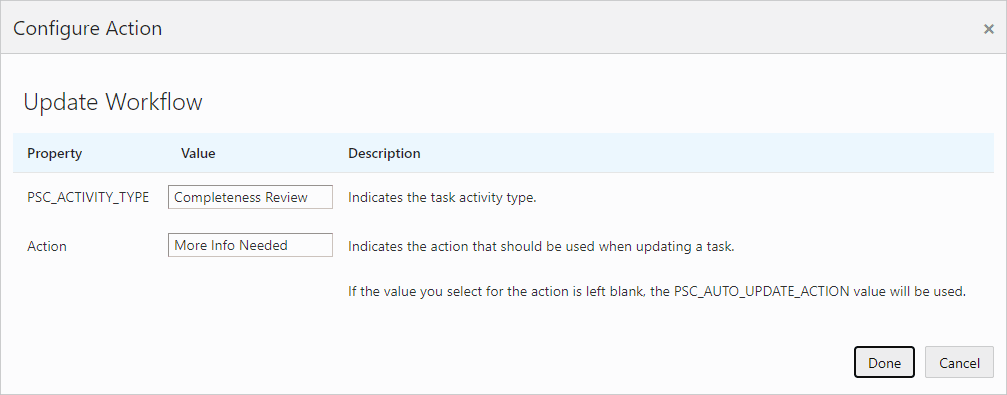 Configure Action page - Update Workflow