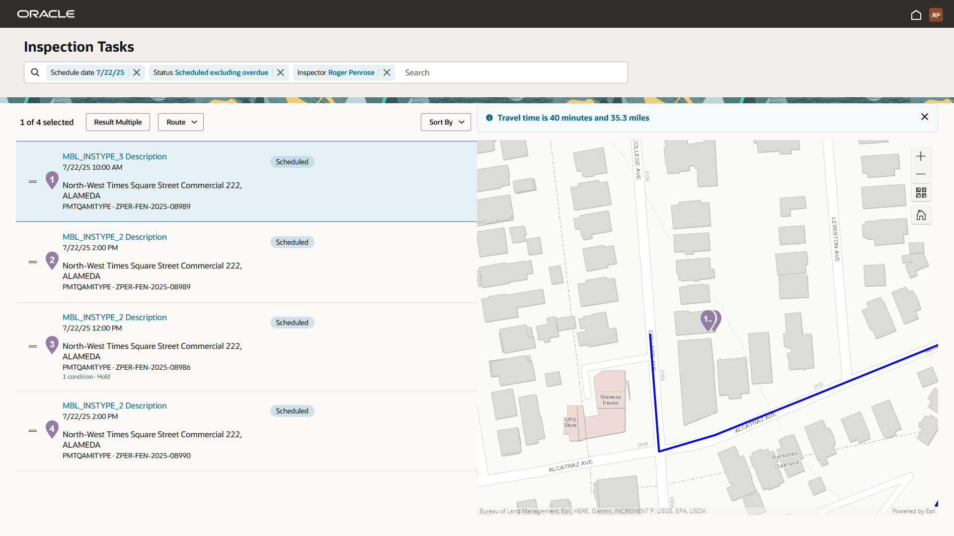 Inspection Tasks Page- Map with Inspection Route Calculations
