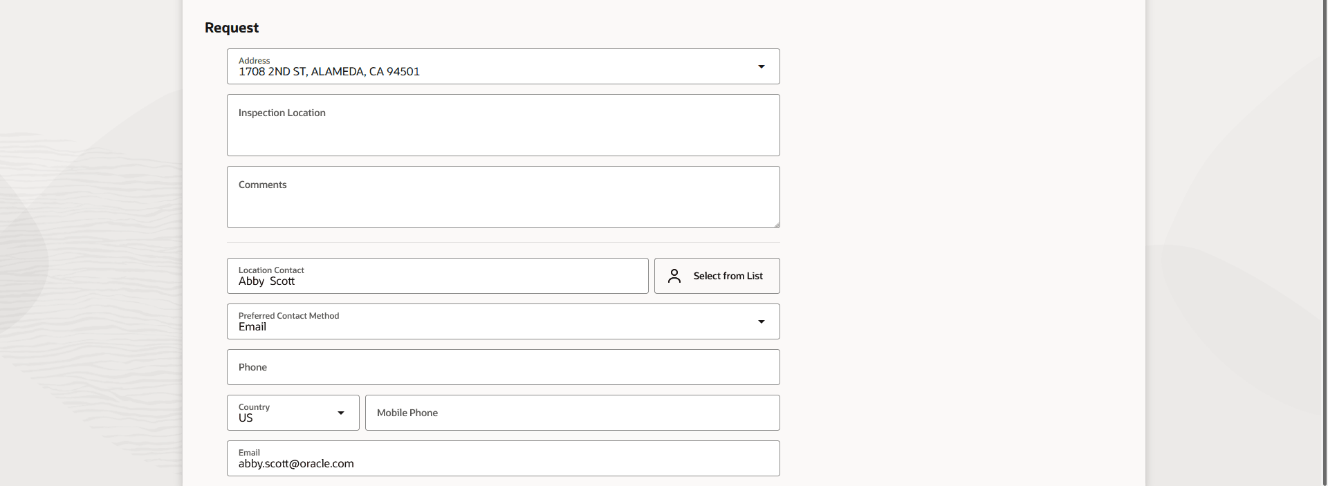 Add Inspection page - partial page view showing Request section (2 of 2)