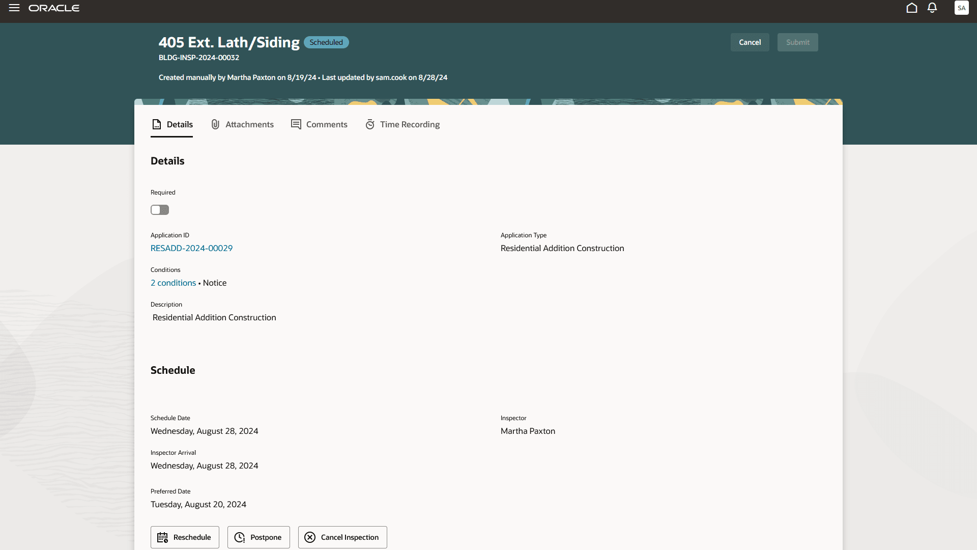 Inspection details - Details tab (1 of 2) displaying the Details and Schedule sections