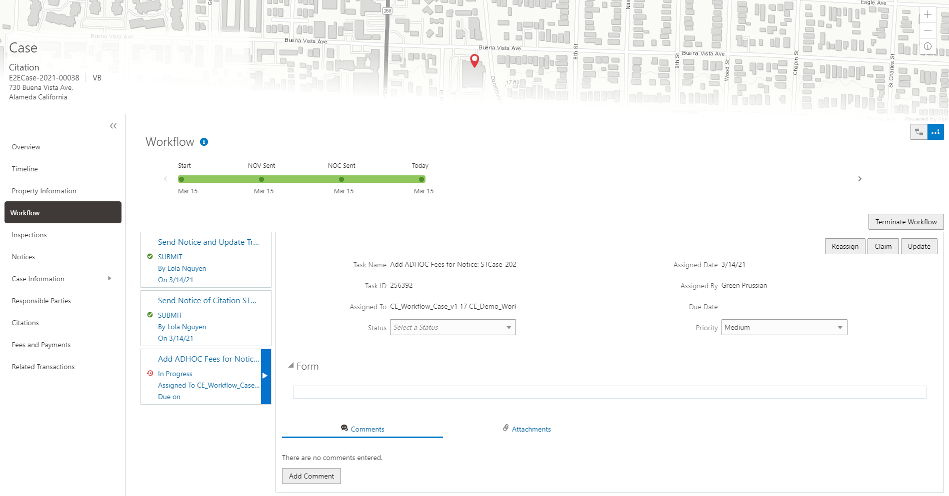 Workflow page for a case, showing a two-panel, milestone view