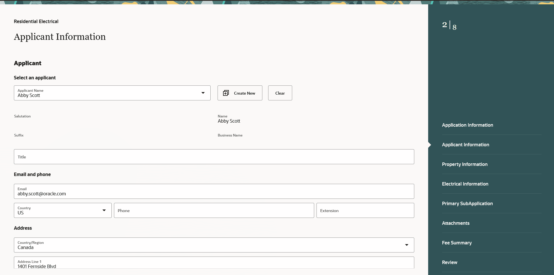Example Application Information page of a permit application form