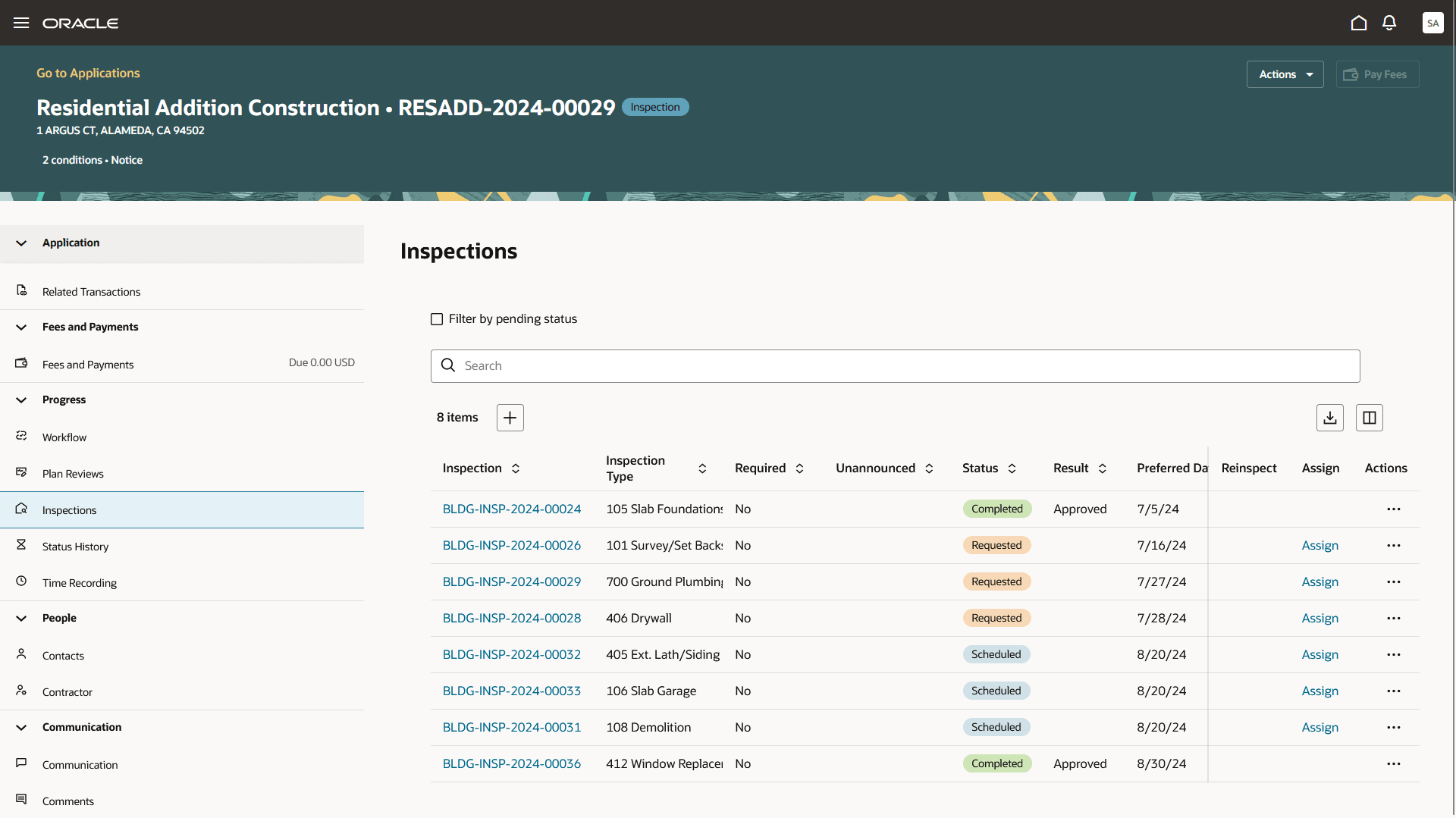 Inspections page in the permit detail pages
