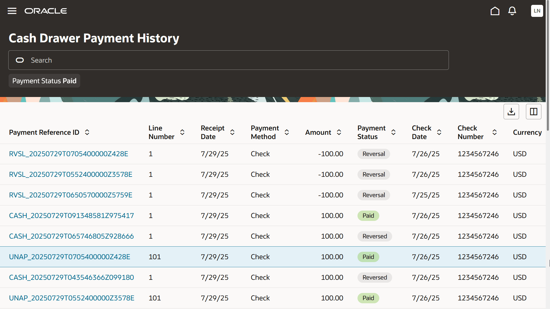 Example of the Cash Drawer Payment History page