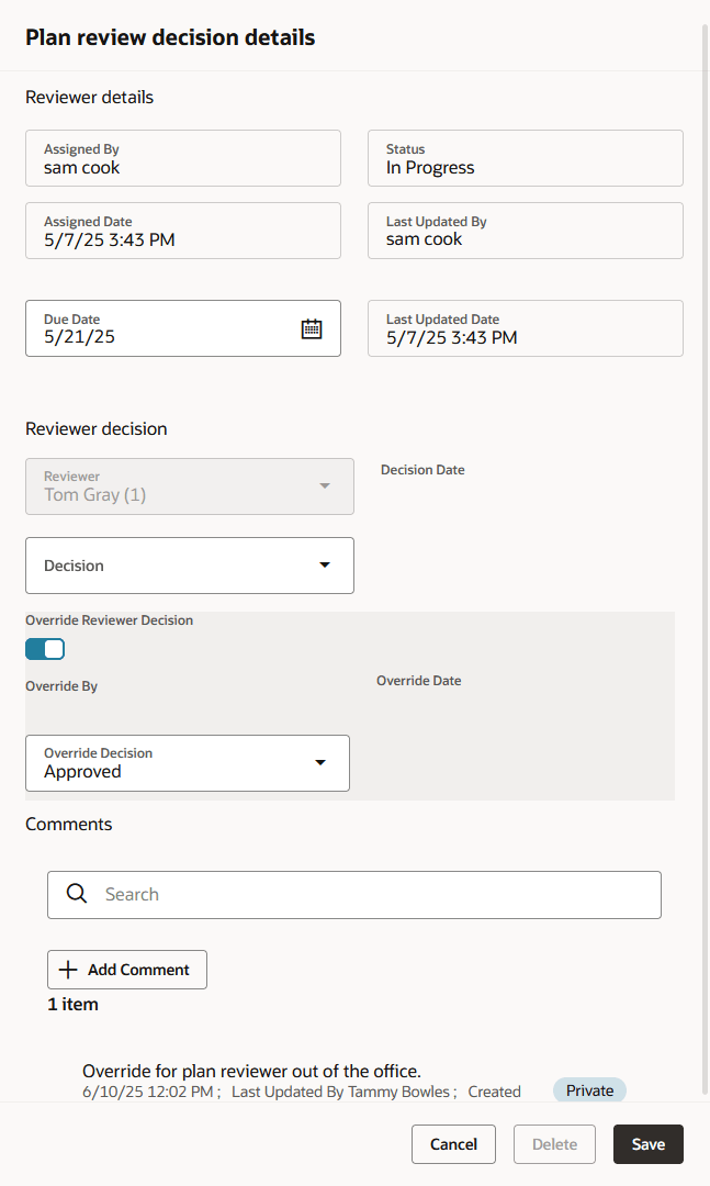 Plan review decision details drawer