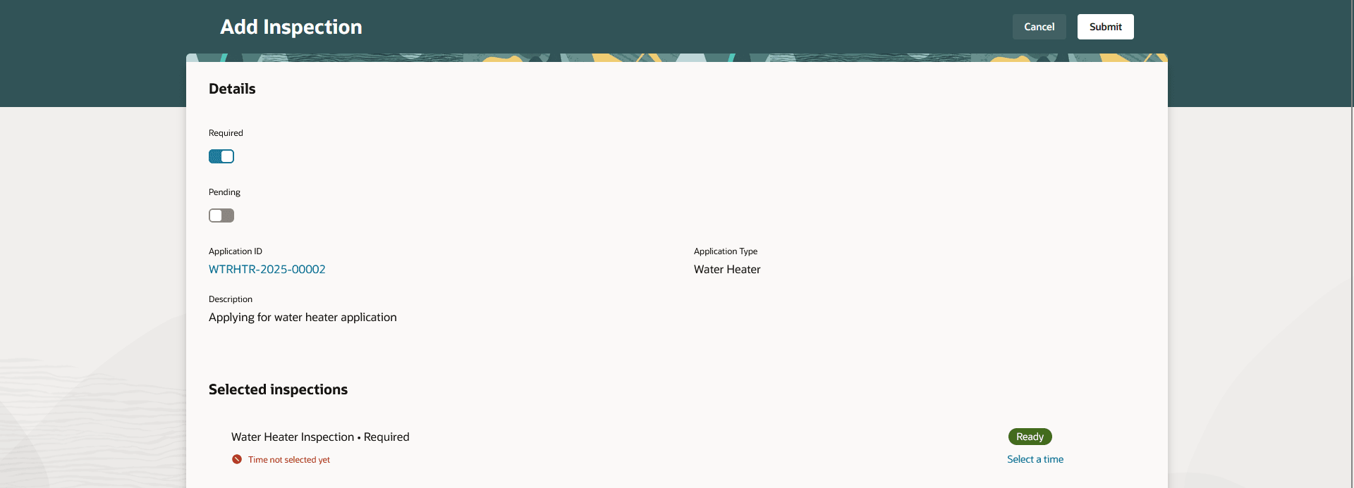Add Inspection page - partial page view showing Details and Selected inspections sections (1 of 2)