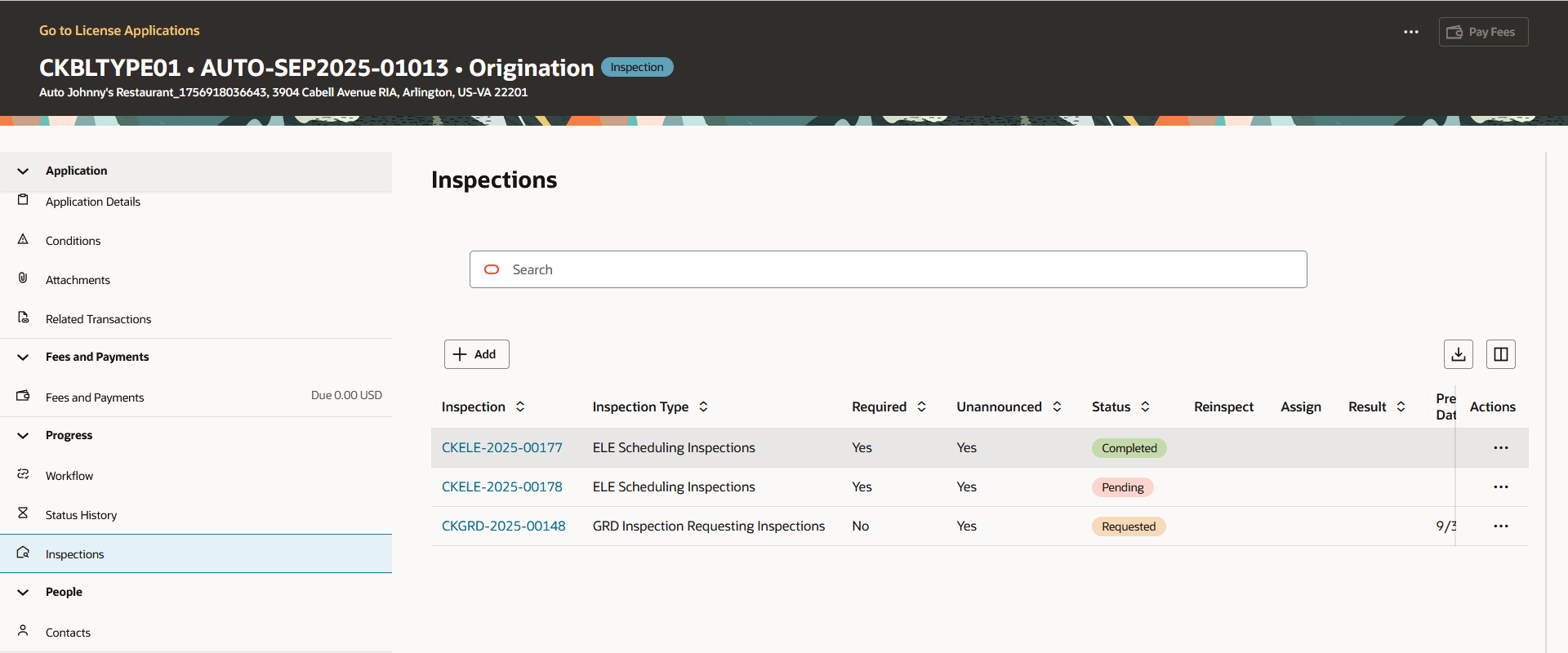 Inspections page in the license activity detail pages