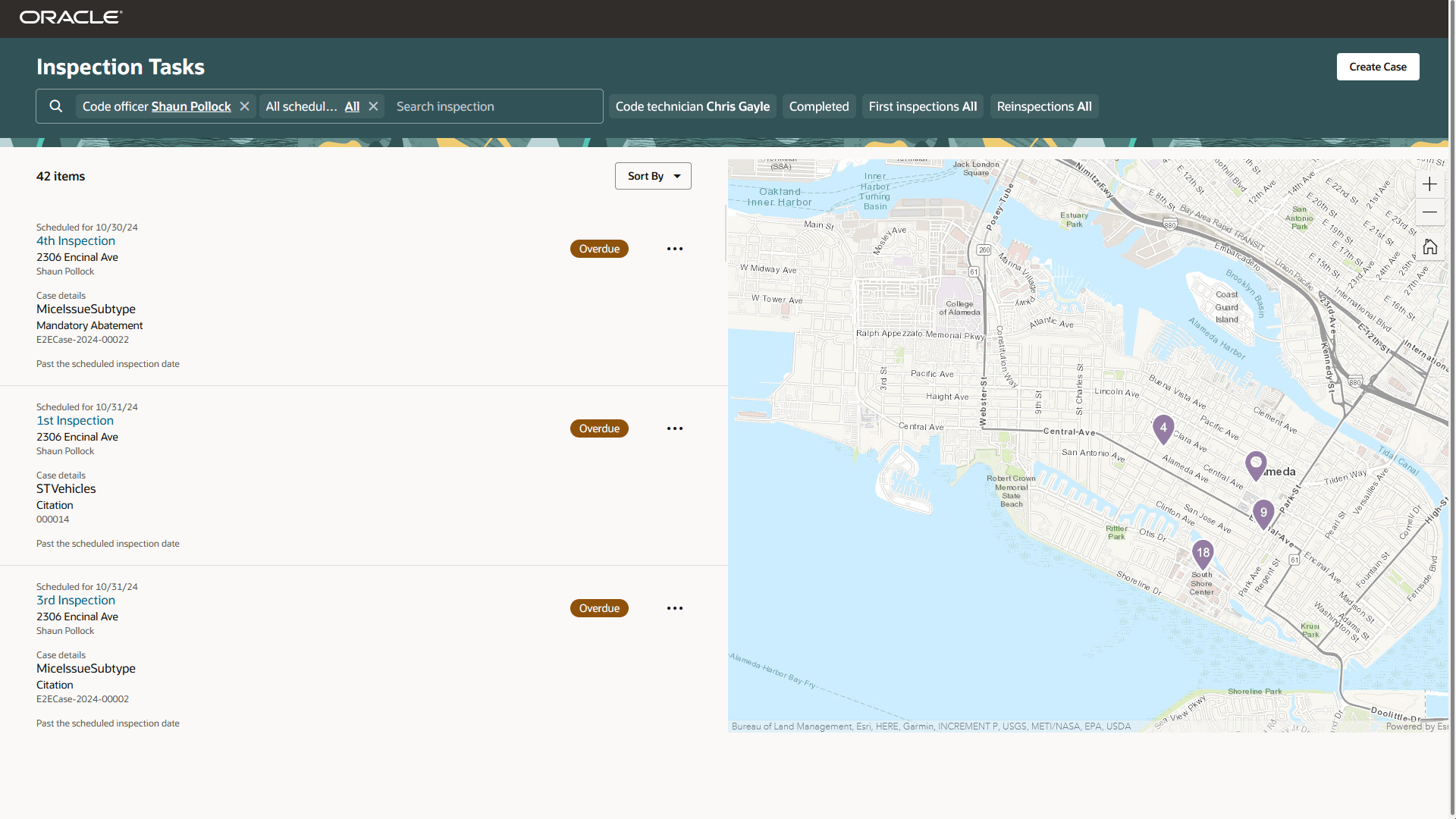 Inspection Tasks page for code officers with filters applied