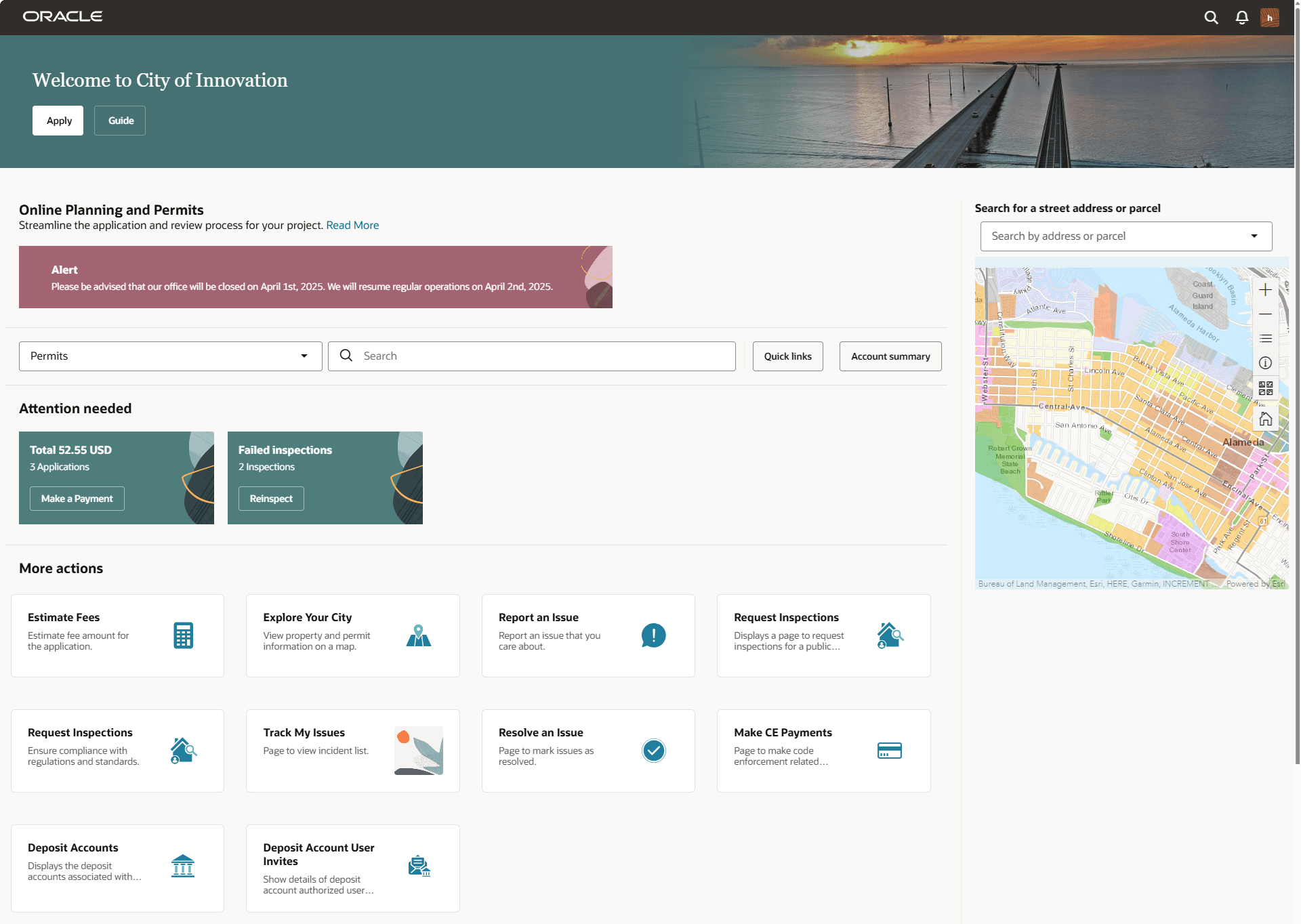 Registered user landing page showing the Apply button, tiles, maps and so on