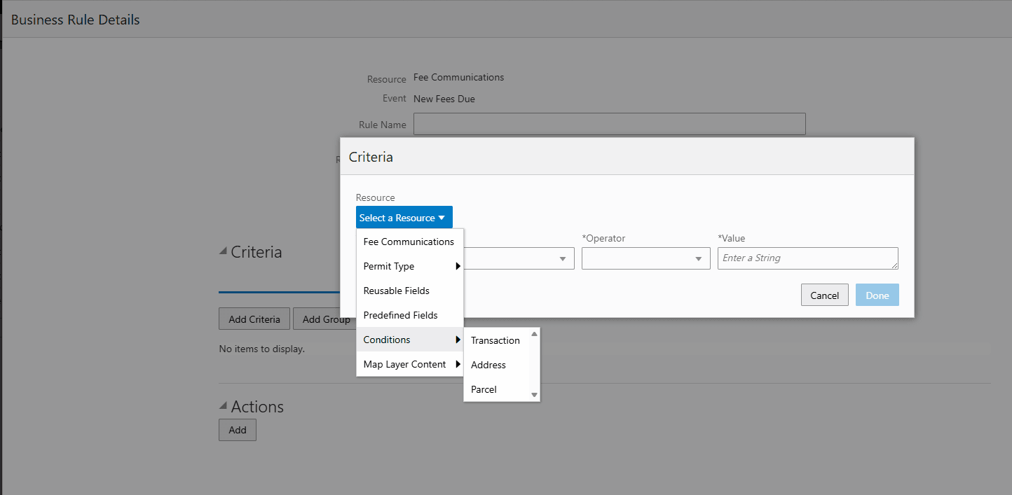 Selecting a criteria attribute source from the Resource drop-down list.