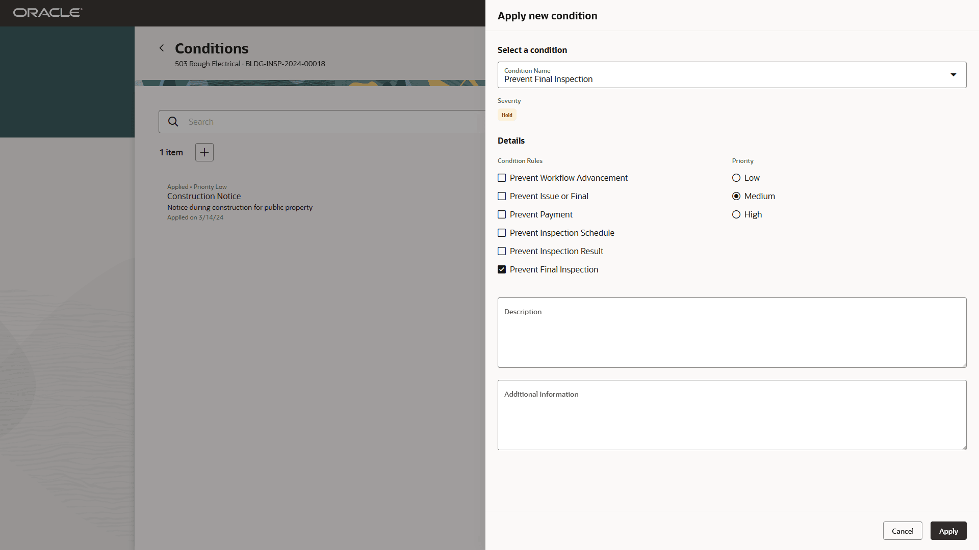 Conditions page with the Apply new condition drawer open