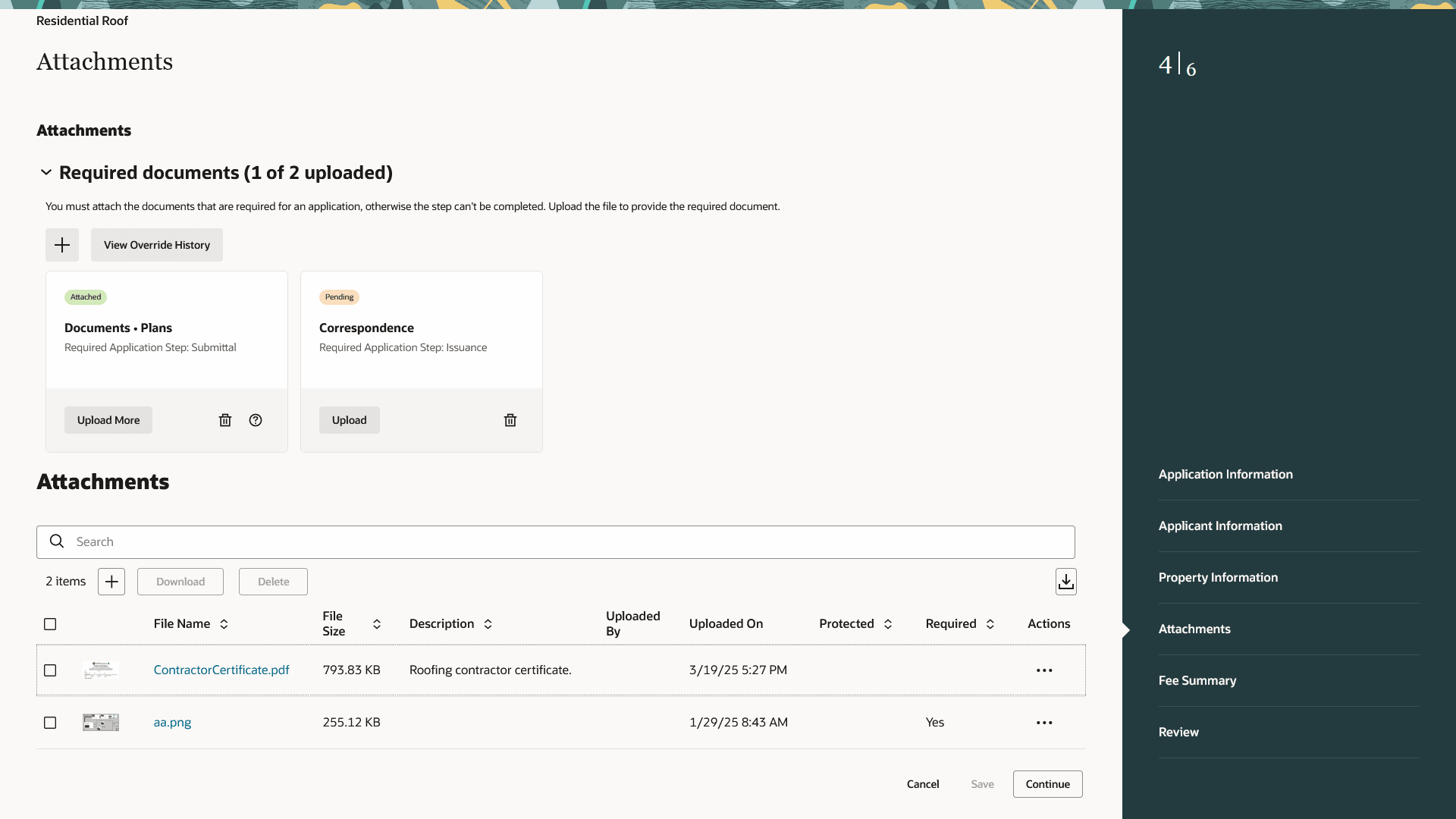 Attachments step with required documents section in an application intake form