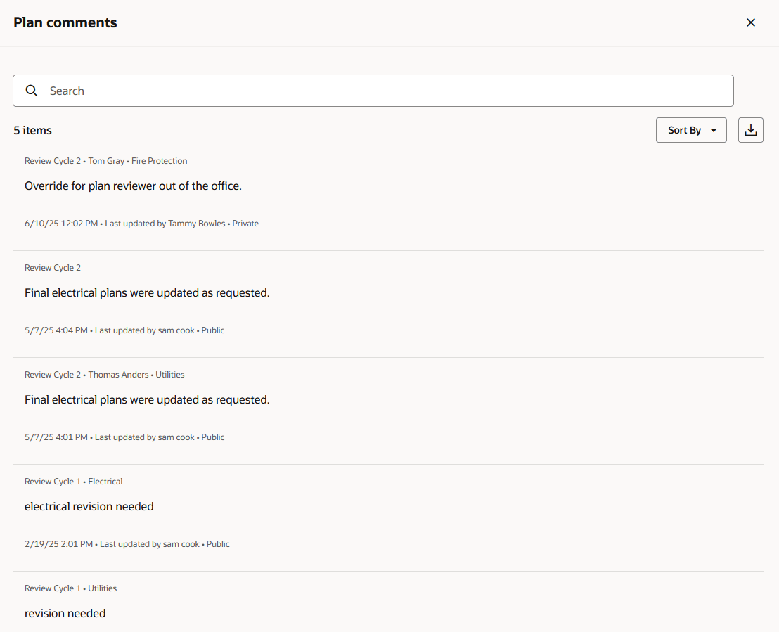 Plan comments drawer for application plan reviews