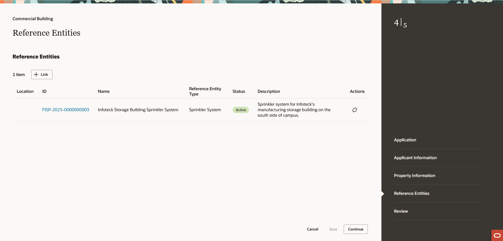 Example of the Reference Entities tab on a permit application intake form