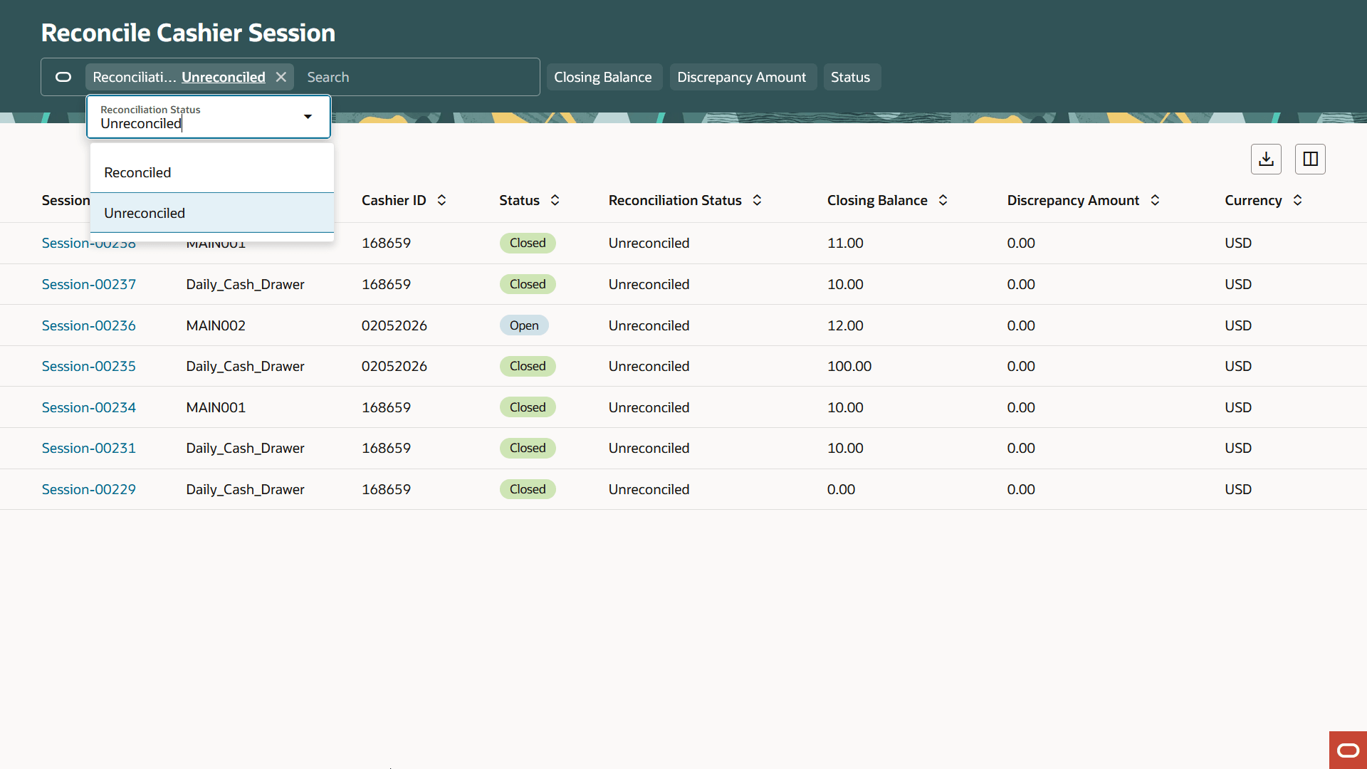 This example shows the Reconcile Cashier Session page
