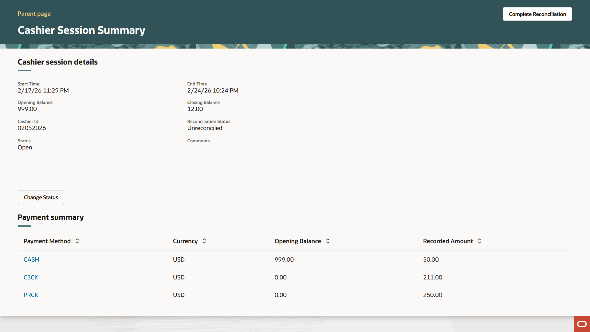 This example shows the Cashier Session Summary page