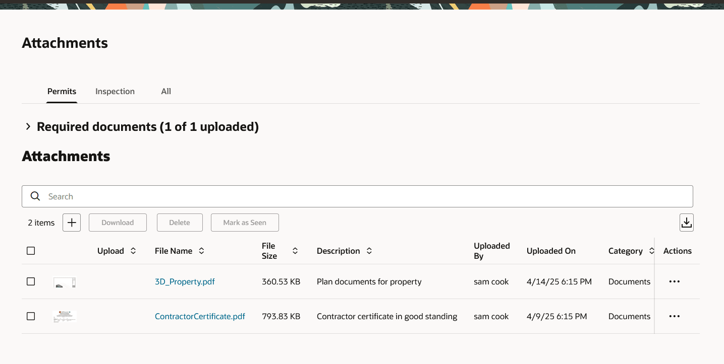 Attachments page for a permit displayed using the Redwood Experience