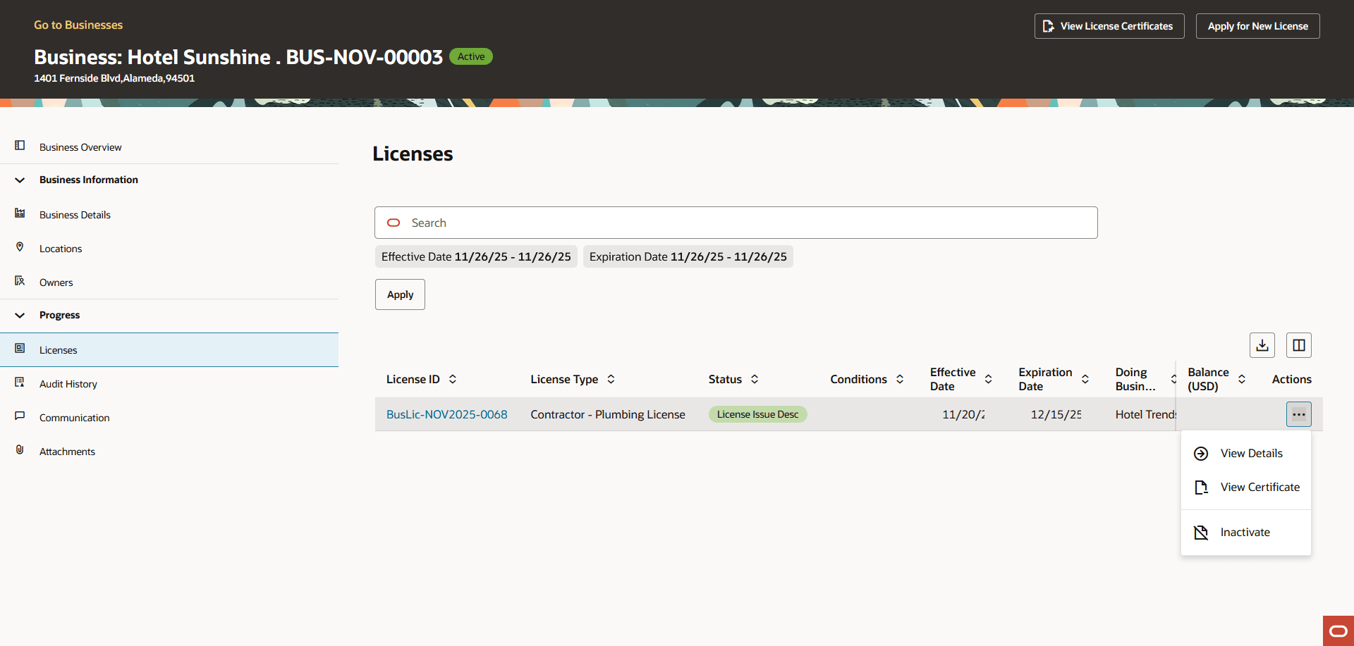 Licenses page in the business parent data